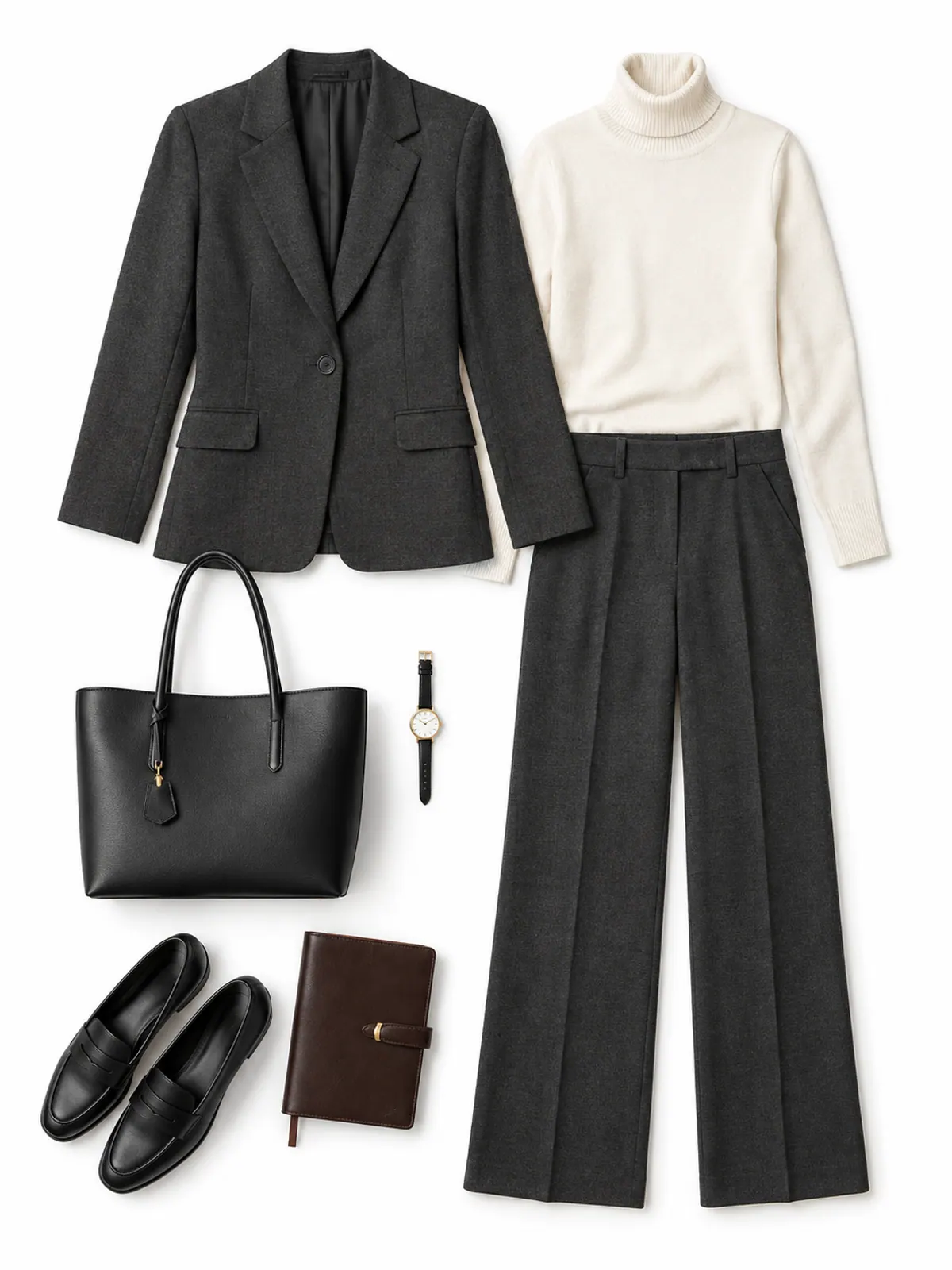 Winter work outfit flat lay of a charcoal wool-blend trouser suit, ivory merino turtleneck, black stacked-heel loafers, a gold watch and a black tote on grey marble