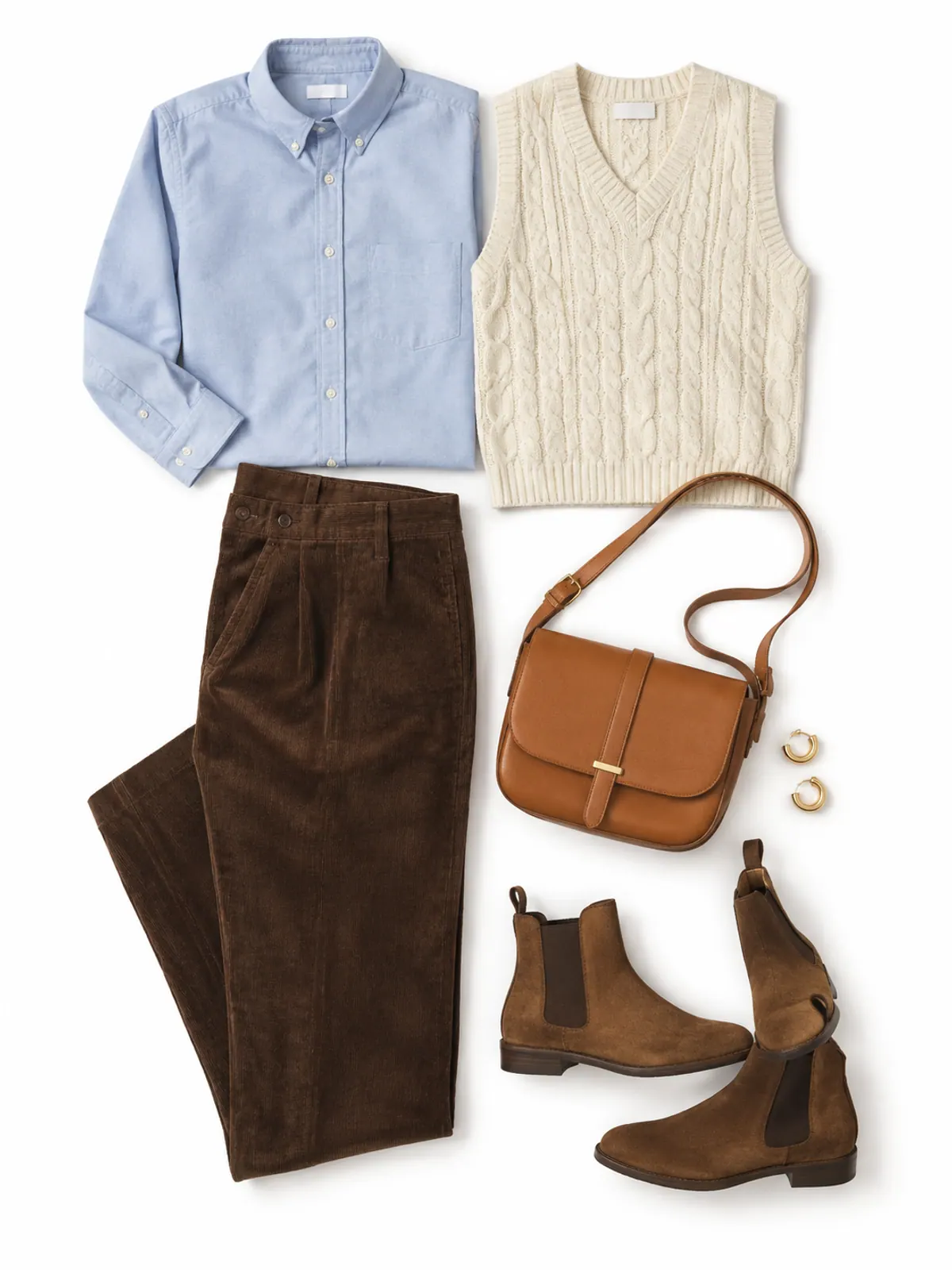 Winter work outfit of chocolate corduroy trousers, a light blue oxford shirt, a cream cable sweater vest, brown suede Chelsea boots and a tan crossbody bag on an oak floor