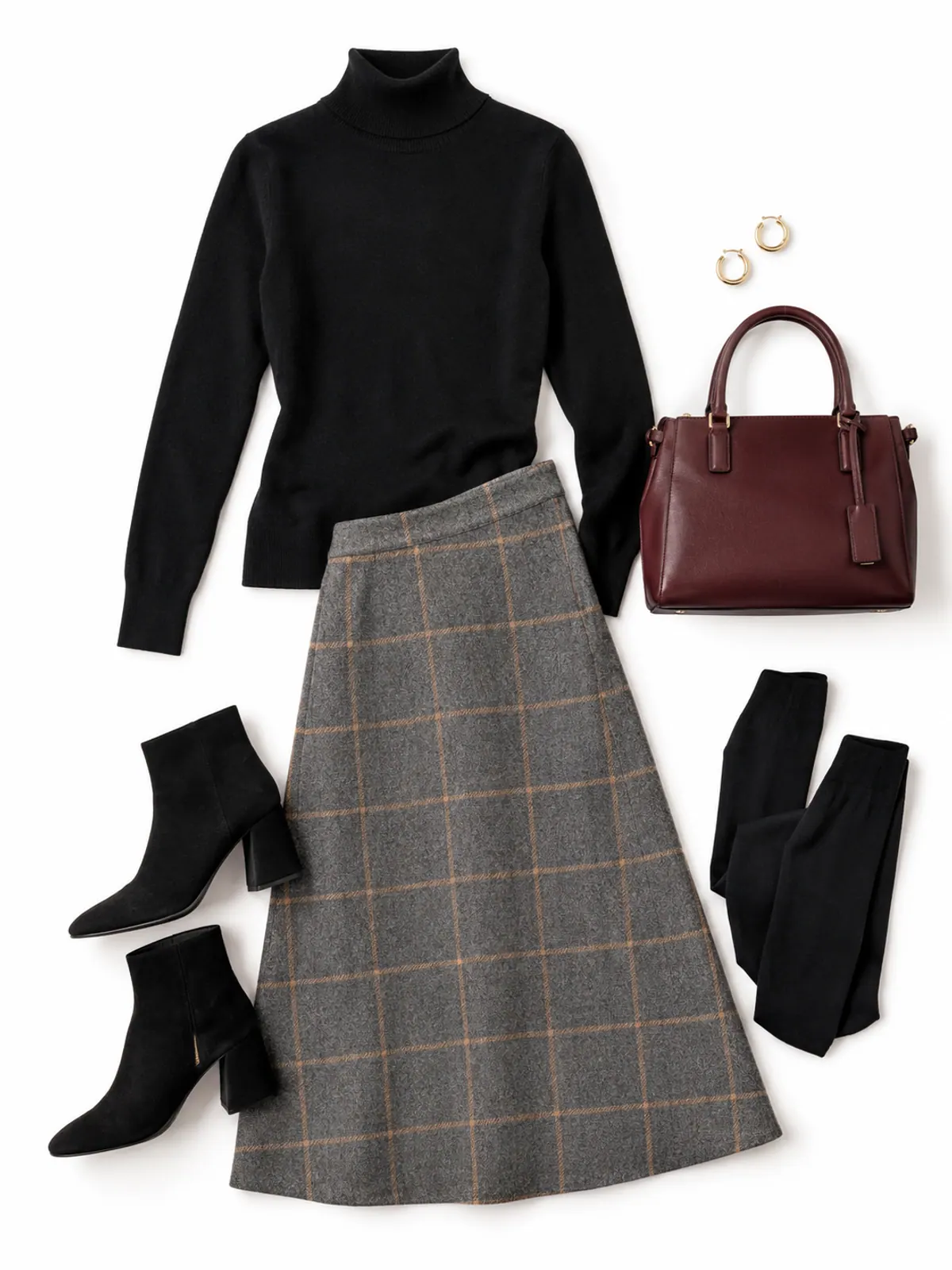 Winter work outfit of a grey and camel windowpane check wool midi skirt, black turtleneck, black suede ankle boots, black tights and a burgundy structured handbag on a cream rug