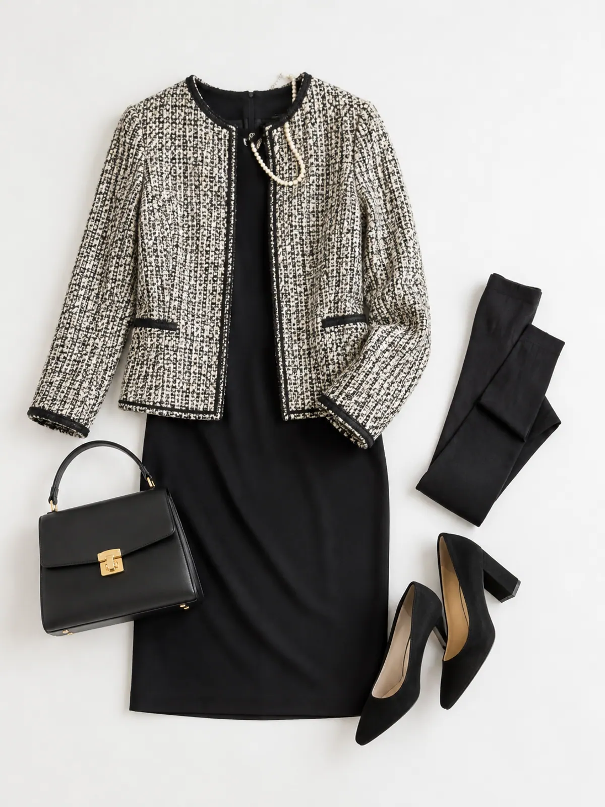 Winter office outfit of a black sheath dress, black and cream boucle tweed jacket, black opaque tights, black suede block-heel pumps and a pearl necklace on an oak desk