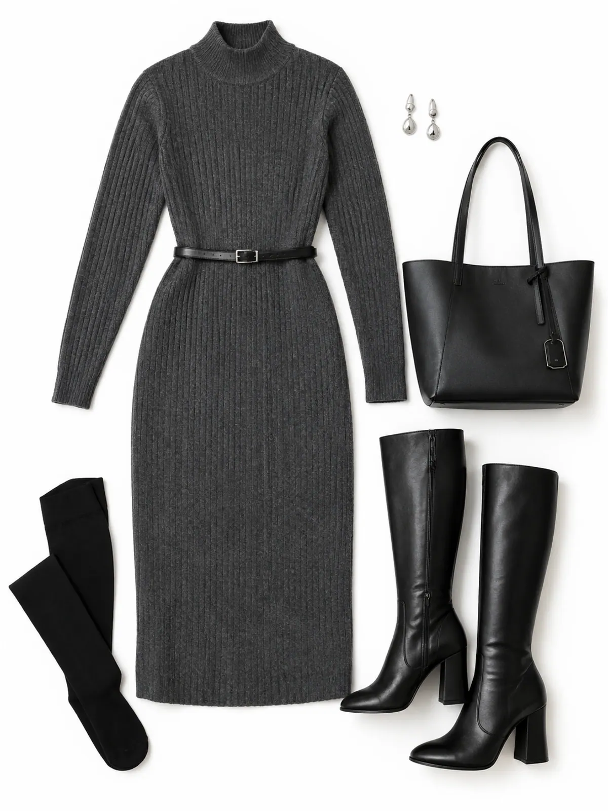 Winter work outfit of a charcoal ribbed mock-neck midi sweater dress, a slim black belt, black knee-high block-heel boots, black tights and silver drop earrings on a dark wood floor