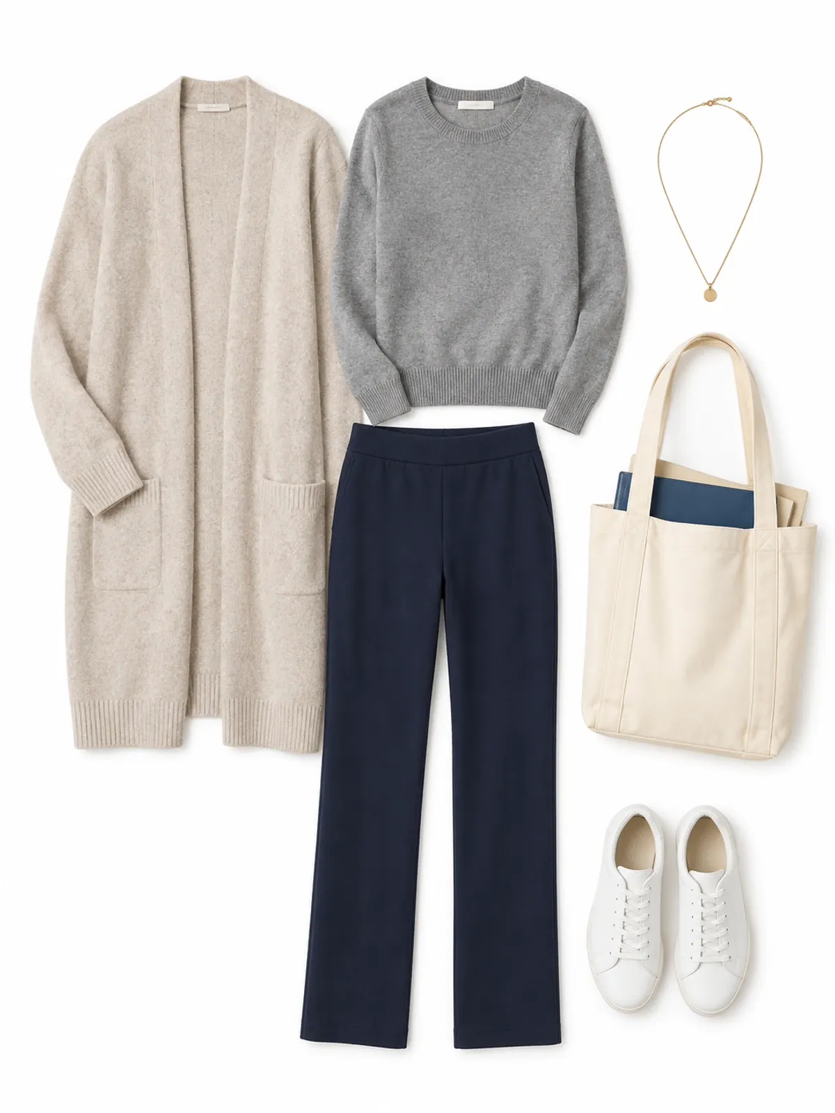Teacher winter work outfit of navy ponte pull-on trousers, a grey merino crewneck, a long oatmeal cardigan, white leather sneakers and a canvas tote on a classroom table