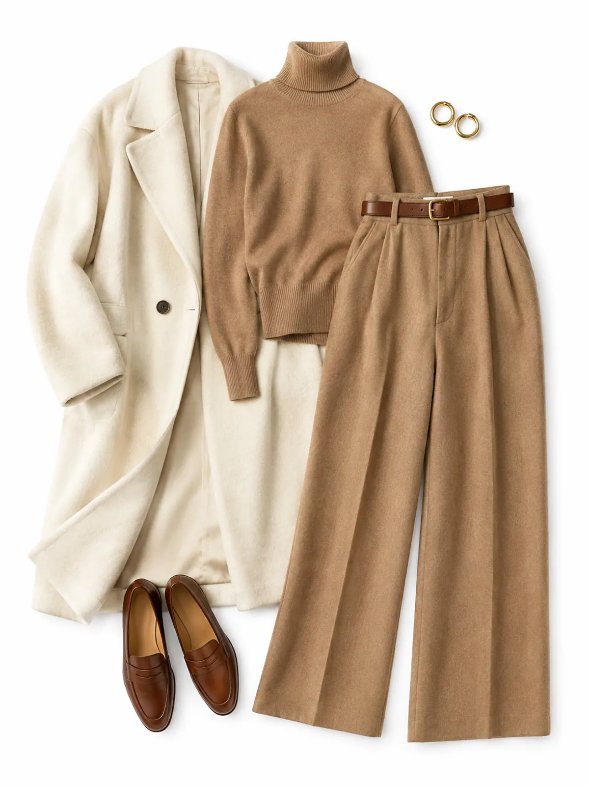 Tonal camel winter work outfit with camel wide-leg wool trousers, a camel turtleneck, cognac loafers and belt, a cream wool coat and gold hoops on cream boucle